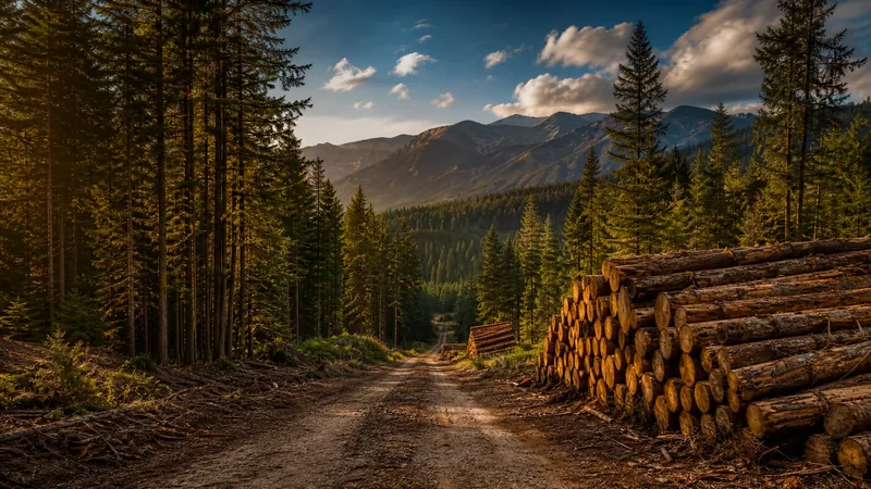 Logging road through tall evergreen forest with stacked timber, Maine Shoreland Zoning and LUPC Permits