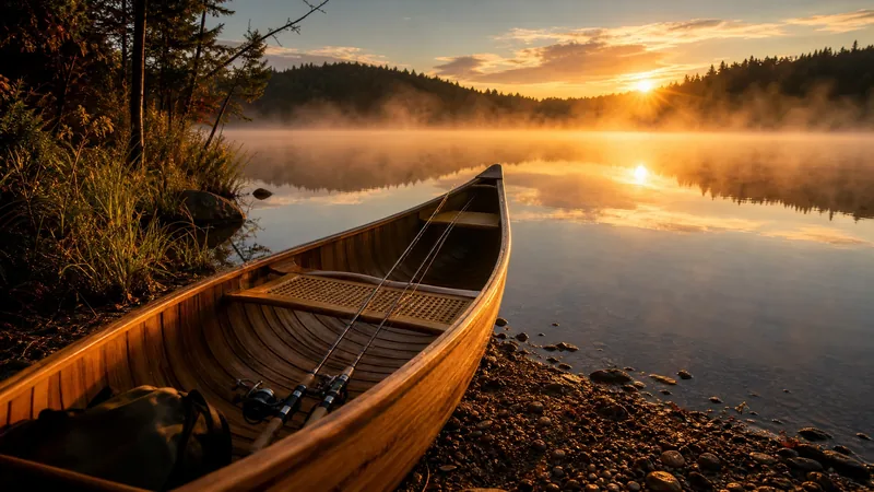 Wooden canoe with fishing rods on a misty lake shore at sunrise, How to Become a Registered Maine Guide and Start a Guiding Business