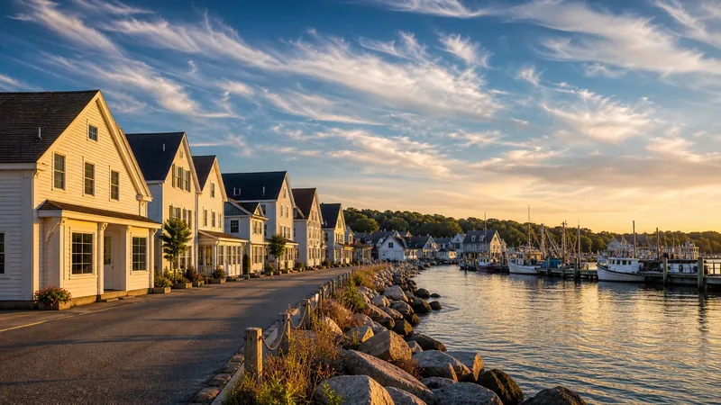 Small New England coastal village main street of white clapboard shops and a harbor with fishing boats, summer light, Bar Harbor Maine Business License