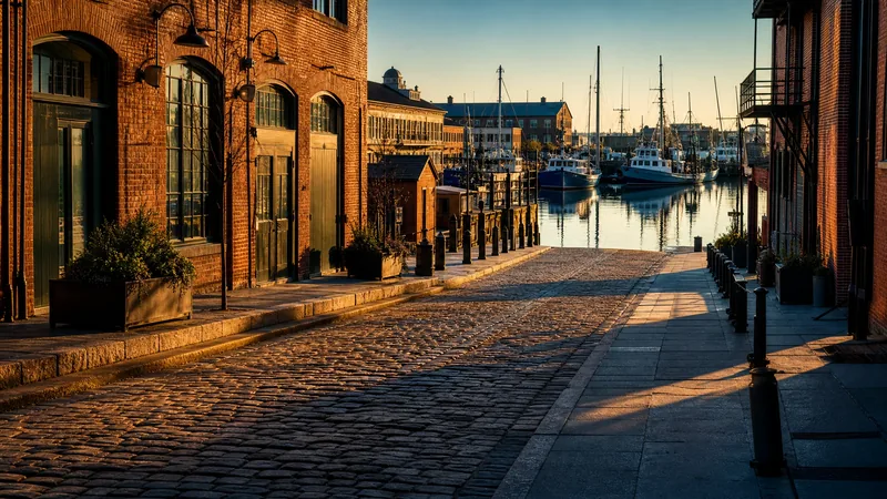 Working waterfront city street of brick warehouses and cobblestones sloping to a harbor with moored boats, soft morning light, Scarborough Maine Business License