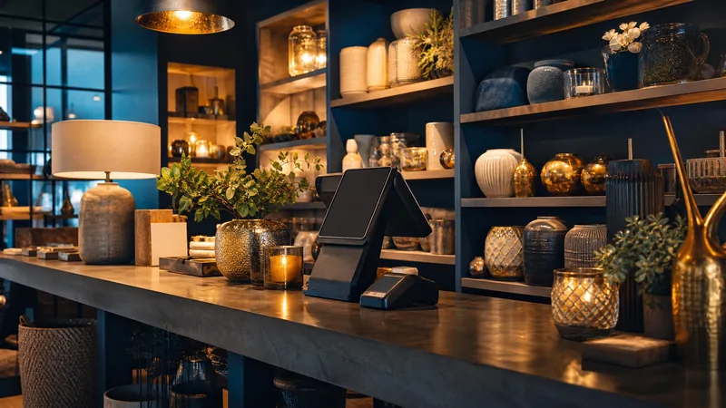 Shop counter with a card reader and shelves of homewares, Maine Peddler and Transient Seller License Fees by Town