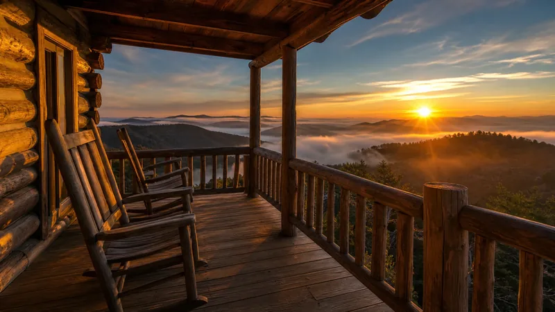 Log cabin porch with rocking chairs above misty hills at sunrise, How to Start a Short-Term Rental Business in Maine